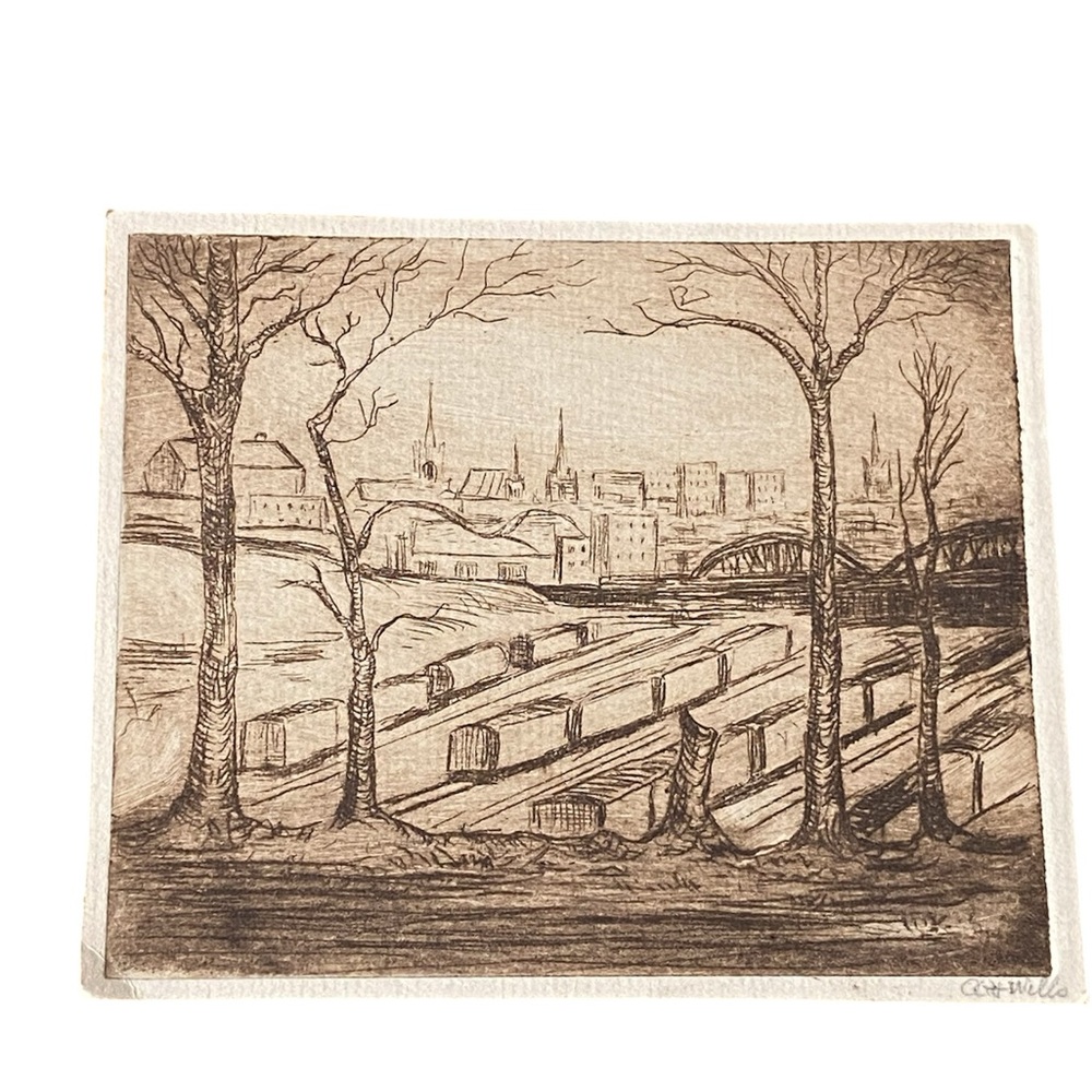Antique/Vintage Original Etching Signed by A. H. Wello City View